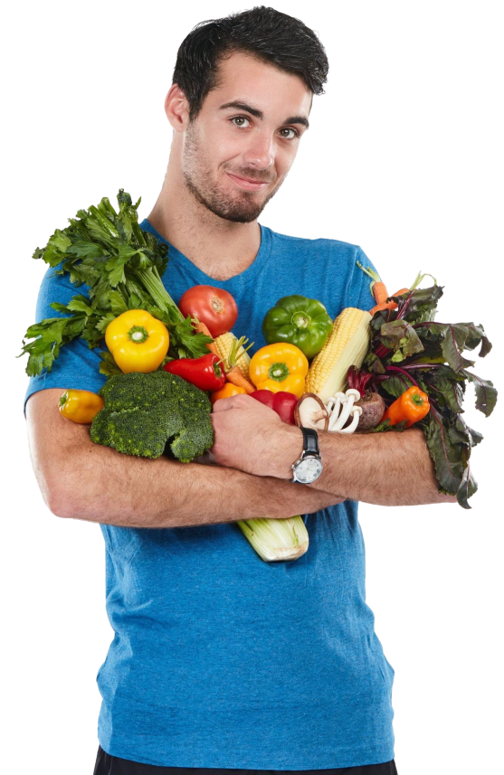 i keep good food close studio portrait handsome young man posing with variety fresh vegetables against white background 1